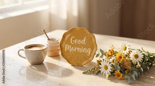 Minimalist Ceramic Good Morning Sign Plate With Coffee Cup And Flowers Home Decor