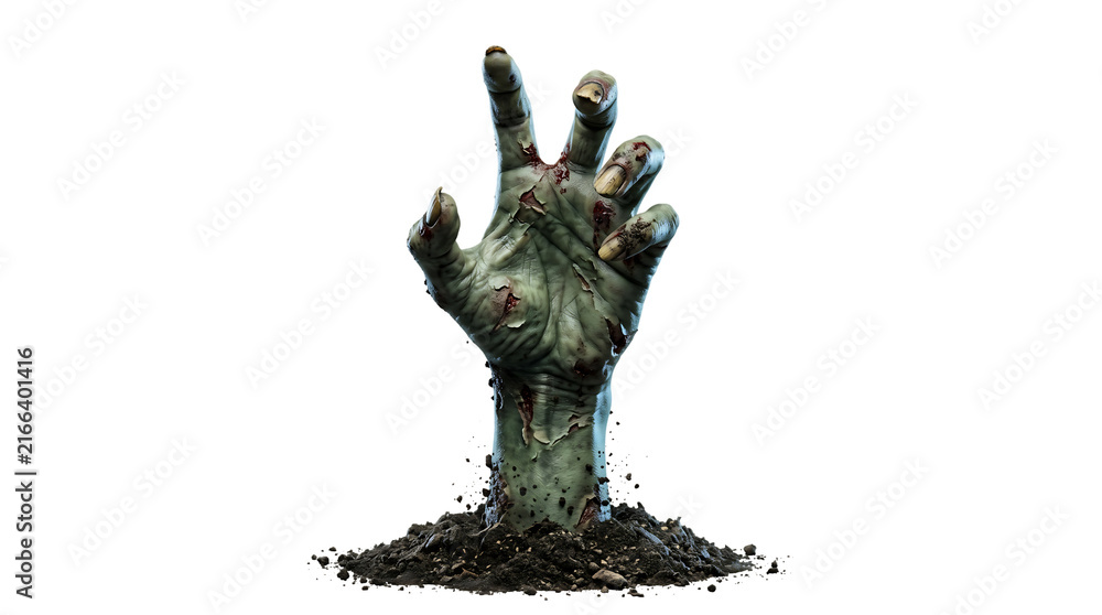 Fototapeta premium Zombie hand reaching up out of dark soil emerges dramatically against a seamless plain white background.