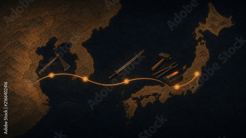 Map illustrating the arrival of iron blade technology in Japan