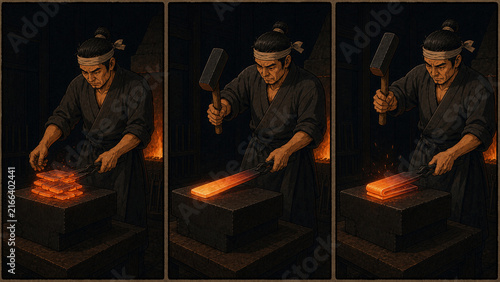 Repeated folding process in traditional Japanese sword forging