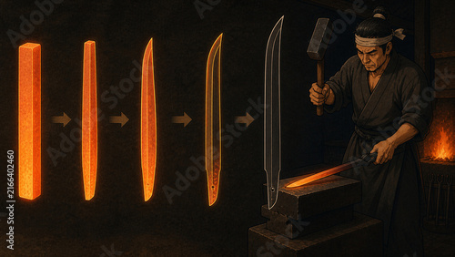 Stages of fire shaping a traditional Japanese sword blade