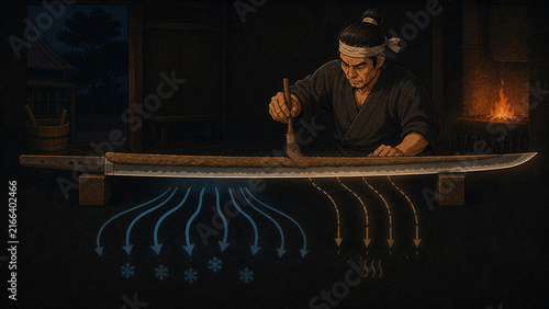 Swordsmith applying clay before quenching a Japanese blade