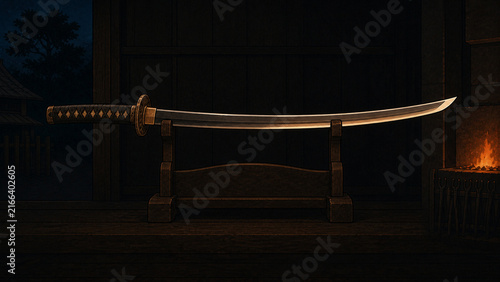 Curved Japanese tachi displayed in a dark swordsmith workshop