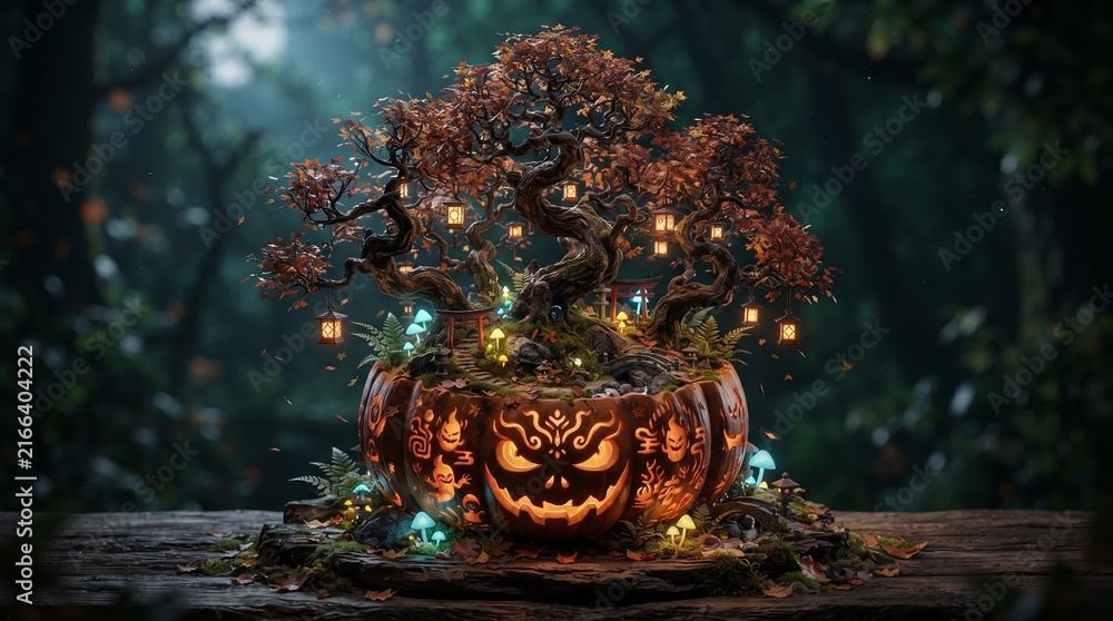 Obraz premium Mystical Japanese Inspired Halloween Pumpkin Diorama in Enchanted Forest
