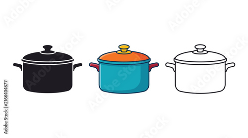 Three different styles of cooking pots featuring solid silhouette colorful cartoon and simple line art designs