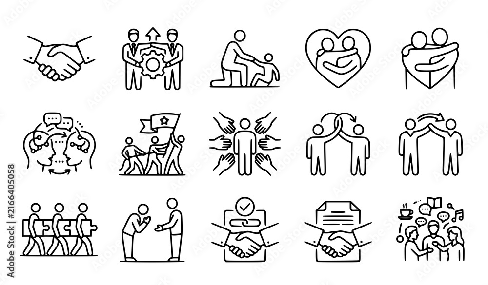 Fototapeta premium Business Friendship and Relationship Line Icon Set Featuring Trust Handshake, Mutual Assistance, Teamwork, Social Responsibility, Love, and Cooperation