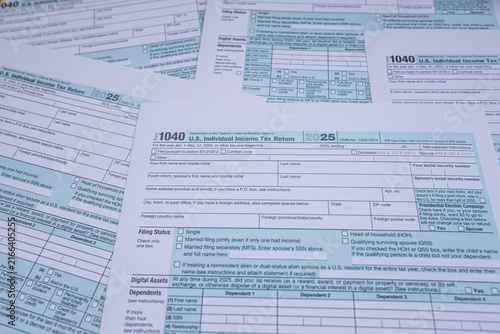 US Individual Income Tax Return Form 1040 Blank Documents for Annual Filing and Accounting Concept