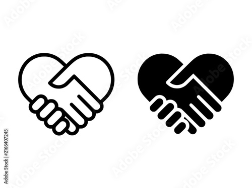Minimalist heart handshake icons, black and white charity logo vector, partnership and unity symbol for non-profit branding