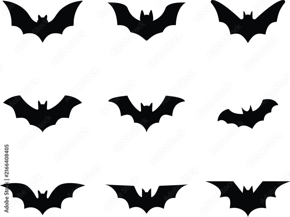 Fototapeta premium Halloween Bat Silhouette Collection, Black Flying Bat Icons Set for Spooky Designs