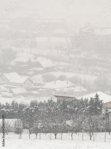 Bild auf Leinwand Heavy Snowfall Reduces Visibility Over a Rural Winter Village