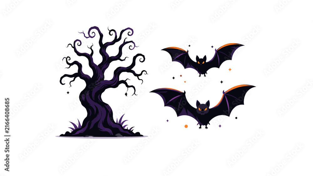 Naklejka premium Halloween Spooky Dead Tree Flying Bat Night Silhouette Set Vector Illustration