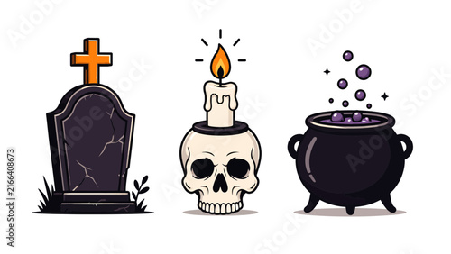 Halloween Gravestone Skull Candle Witch Cauldron Icon Set Vector Illustration