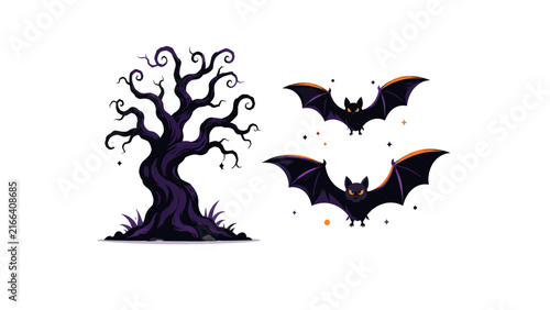 Halloween Spooky Dead Tree Flying Bat Night Silhouette Set Vector Illustration