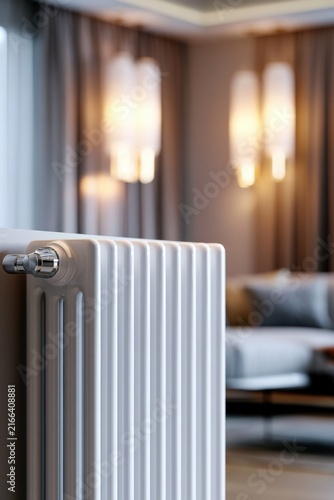 White radiator stands in elegant, softly lit room