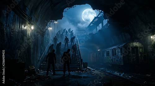Underground subway station stairs at night with glowing lights and full moon
