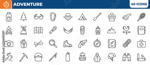 Bild auf Leinwand Adventure line icons set features basic equipment for outdoor activities and cam