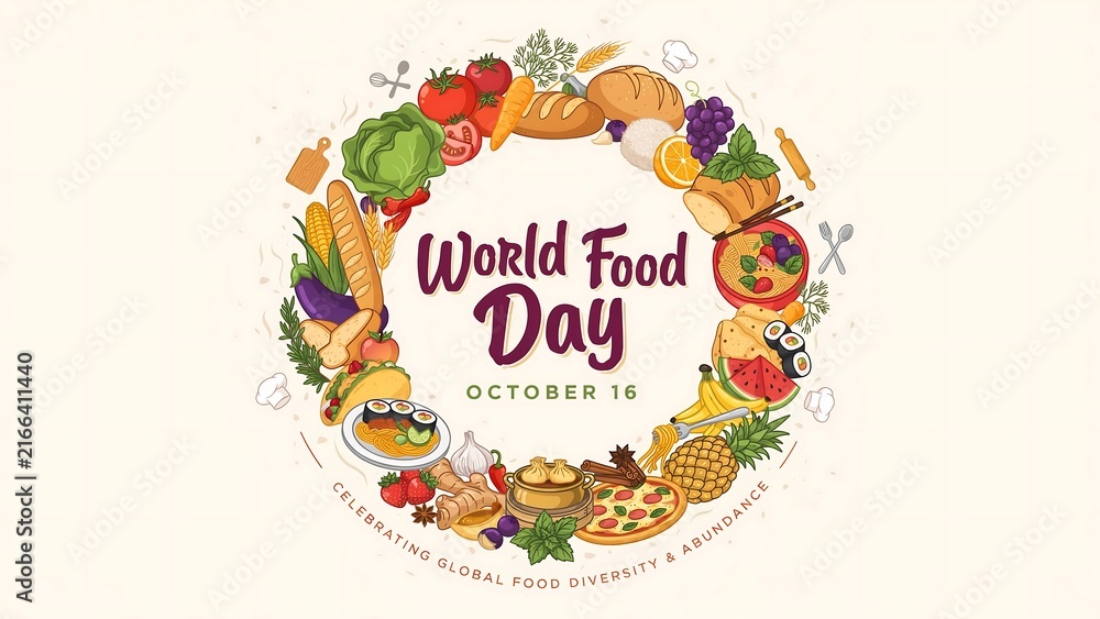 Fototapeta premium World food day celebration illustration with fruits vegetables and dishes