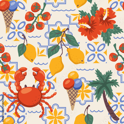A pattern featuring symbols of the Amalfi Coast or Greece. Summer background with a travel theme featuring lemons, a crab, a palm tree, flowers and gelato. A Mediterranean vacation concept. Vector ill