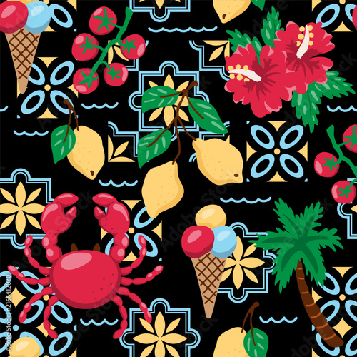 A pattern featuring symbols of the Amalfi Coast or Greece. Summer background with a travel theme featuring lemons, a crab, a palm tree, flowers and gelato. A Mediterranean vacation concept. Vector ill
