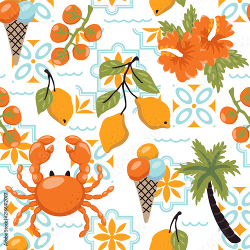 A pattern featuring symbols of the Amalfi Coast or Greece. Summer background with a travel theme featuring lemons, a crab, a palm tree, flowers and gelato. A Mediterranean vacation concept. Vector ill