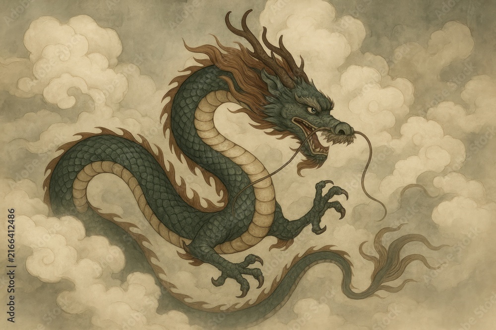 Fototapeta premium Mythical dragon amidst swirling clouds.
