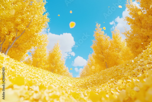 Vibrant yellow autumn foliage against bright blue sky with falling golden leaves.