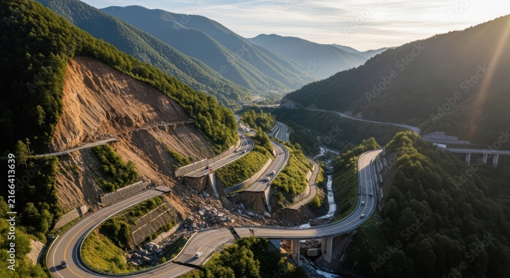 Obraz premium Dramatic Mountain Highway with Winding Curves and Overpasses Navigating a Lush Green Valley