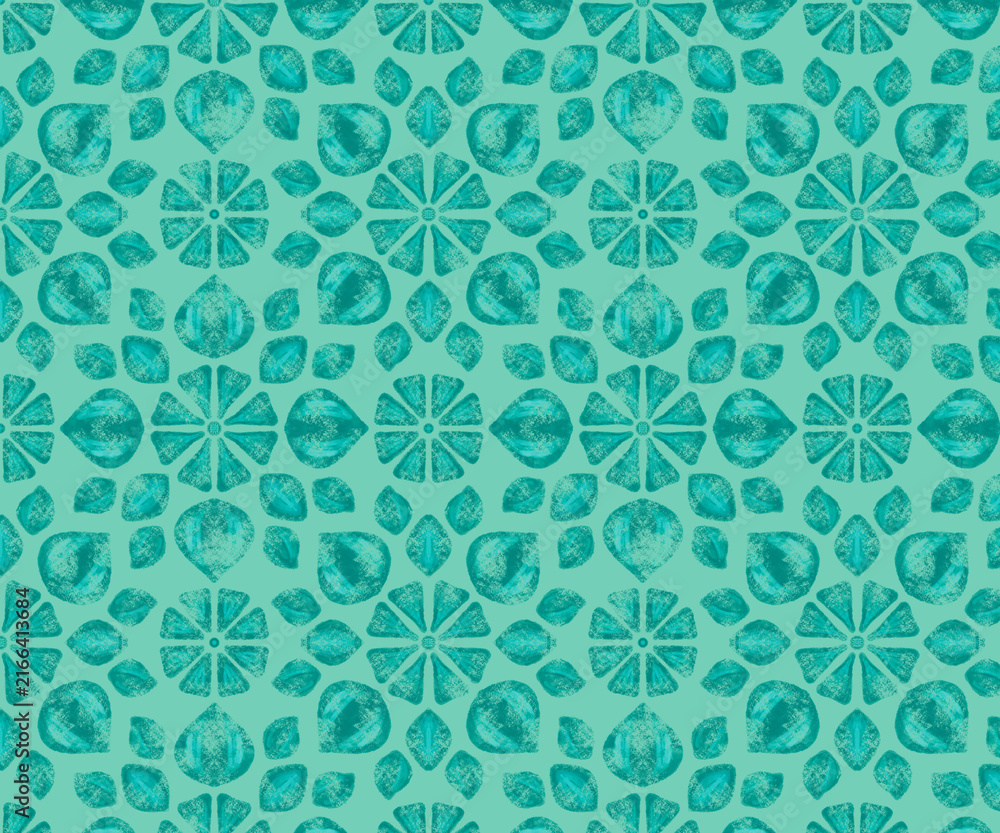 Fototapeta premium Teal Botanical Folk Art Floral Design with Hand Printed Textured Leaves