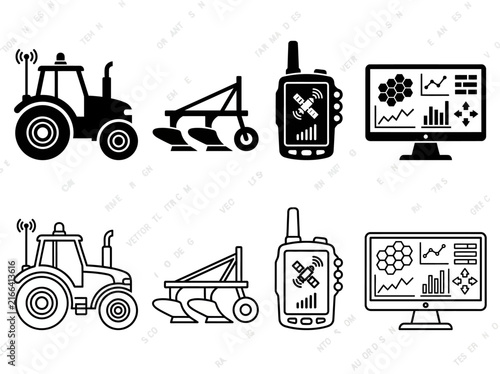 Smart Farming and Precision Agriculture Icon Set featuring Tractor, Plow, GPS, and Data Monitoring Dashboard