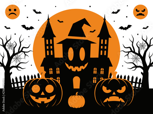 Halloween background with haunted house silhouette, jack-o-lanterns, and moon