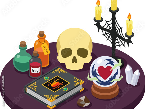 Isometric Magic Witch Table Illustration with Skull and Crystal Ball