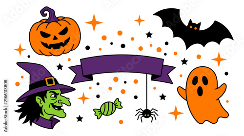 Halloween Character Icons and Banner Vector Set