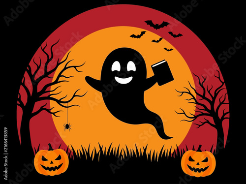 Friendly Halloween Ghost Reading Book Silhouette, Spooky Night Scene with Moon, Pumpkins, and Bats