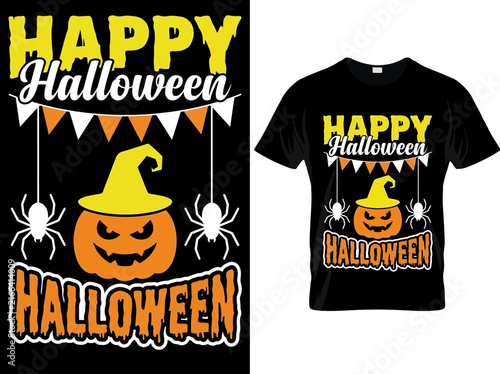 Happy Halloween T-Shirt Design, Jack O Lantern Pumpkin with Witch Hat and Spiders Graphic, Vector Illustration for Holiday Apparel