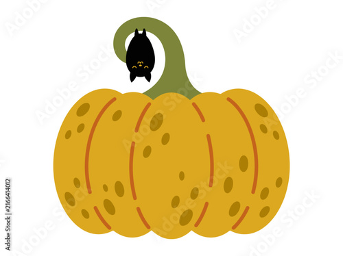 Cute Minimalist Halloween Pumpkin with Hanging Black Bat Illustration