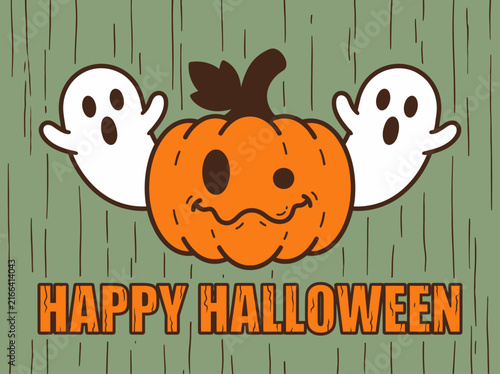 Happy Halloween Illustration with Cute Ghosts and Smiling Pumpkin on Green Wood