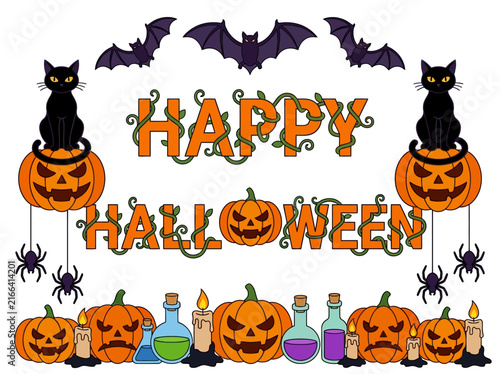 Happy Halloween Vector Design with Jack-o-lanterns, Black Cats, and Bats