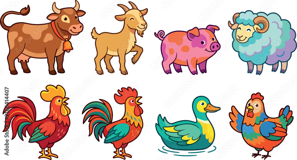 Obraz premium Cute Farm Animals and Poultry Vector Illustration Set Featuring Cartoon Cow Goat Pig Sheep Rooster Duck and Hen for Kids Educational Graphic Designs