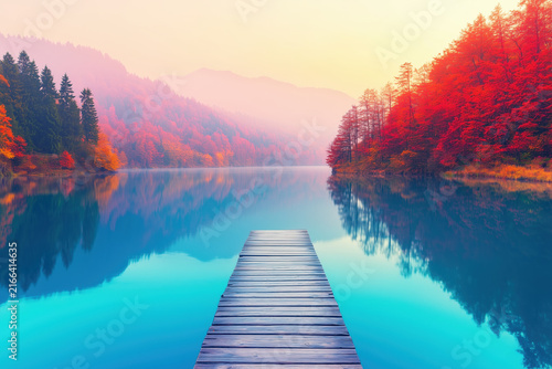 Long wooden pier perspective extending into turquoise blue lake with red autumn forest and mountains.