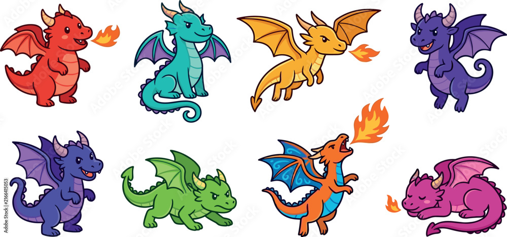 Fototapeta premium Cute Mythical Fire Breathing Dragon Characters Vector Sticker Set Featuring Kawaii Flying Sitting and Sleeping Little Dragons for Kids Creative Fantasy Designs