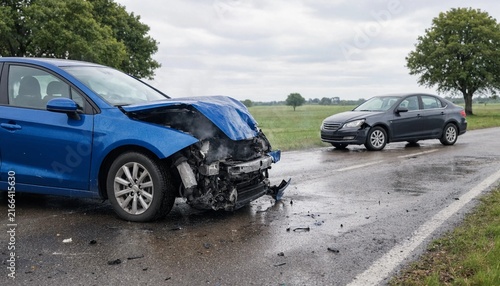 Severe car accident with severely damaged blue vehicle parked on country road after collision