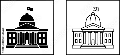 Minimalist vector illustration showing a government building with both outline and solid black style icons
