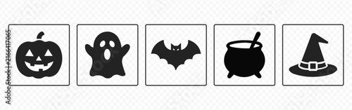 Halloween Icon Set with Jack O Lantern, Ghost, Bat, Witch Cauldron and Witch Hat