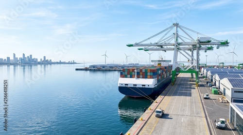 Container ship arriving at modern commercial seaport