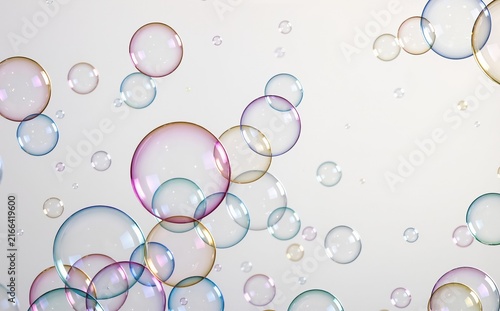 Soap bubbles floating, in white background, with soap bubbles, with glass texture, from a top-down perspective, with pink, blue accents, and playful whimsical mood, clear detail, natural detail.