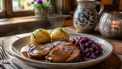 Sächsischer Sauerbraten mit Rotkohl und Kartoffelklößen
