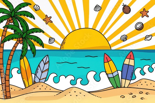 Bright illustrated beach scene showing a golden sun rising over a calm turquoise sea, stylized waves breaking on sandy dunes scattered with pebbles