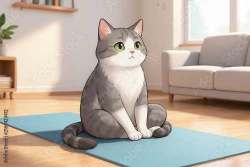A plump gray and white domestic cat with green eyes sits upright on a blue yoga mat in a bright, minimalist living room. Soft sunlight streams through a window