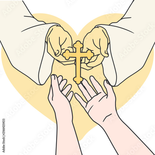 Hands Receiving Holy Cross from Divine Hand Faith. This spiritual and religious concept is perfect for church materials, Bible themes, Christian designs, worship graphics, and inspirational content.