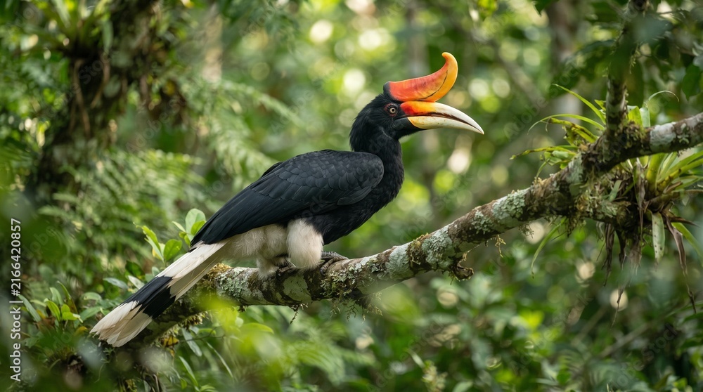 Fototapeta premium Vibrant tropical bird perched on mossy branch in lush green forest
